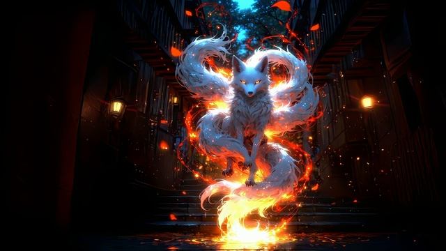 Кицунэ - Многохвостая Лисица | Fantasy Multi-Tailed White Fox - Живые Обои