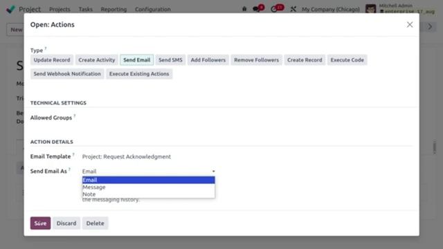Настройка автоматизации в приложении Odoo 17 Progect