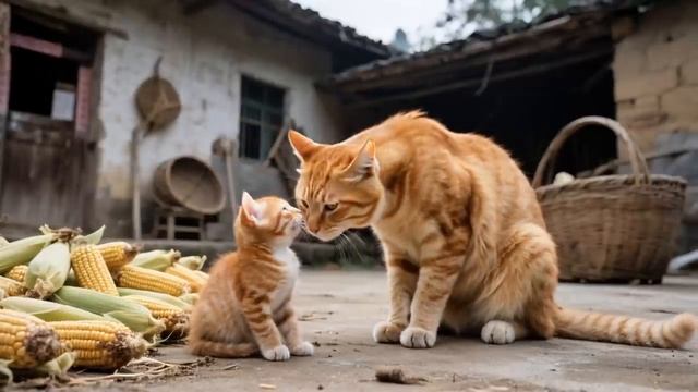 Kitten Helps Tired Mama Cat Harvest Corn – Rewarded with Homemade Cornbread! 🐾🌽❤️#cat #c