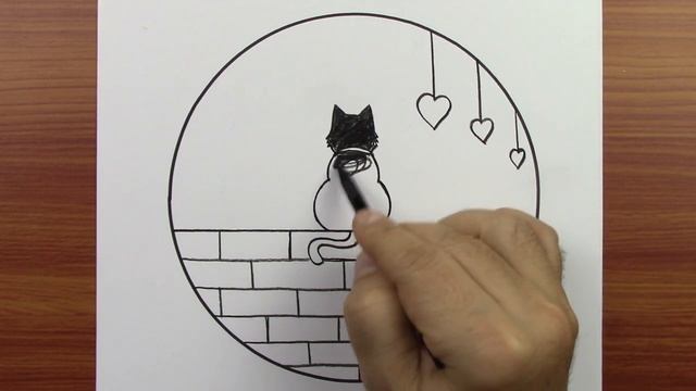 Как нарисовать Рисунок кошки и пейзажа — простой рисунок внутри круга