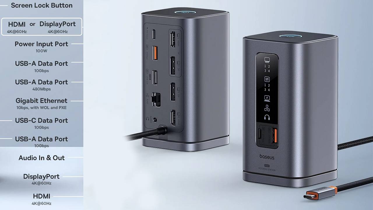 Baseus USB-C HUB Docking Station 11 IN 1 USB C to DP 4K@60Hz HDMI DisplayPort Triple Display RJ45