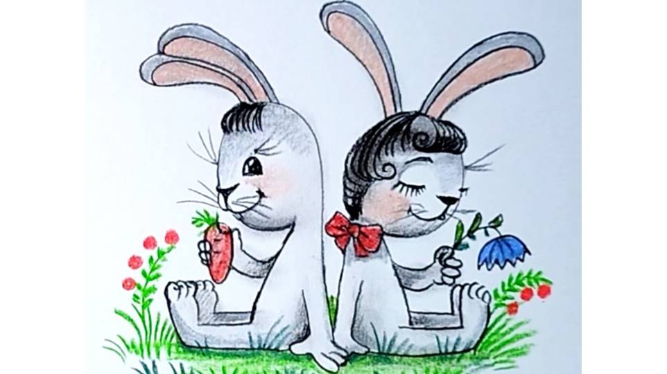 Как нарисовать двух зайцев используя ножницы.