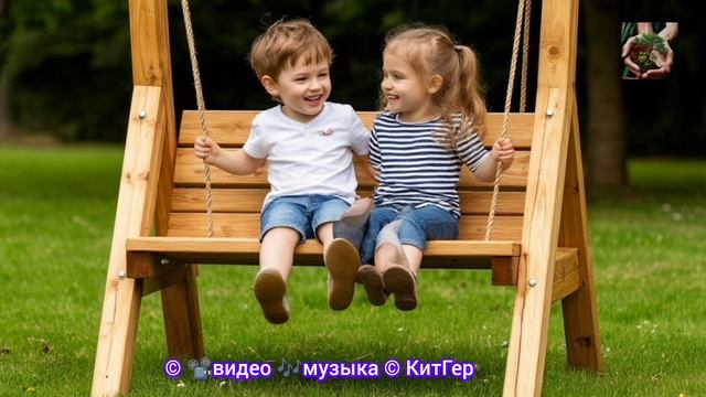 Детская радость-это деревянные качели.