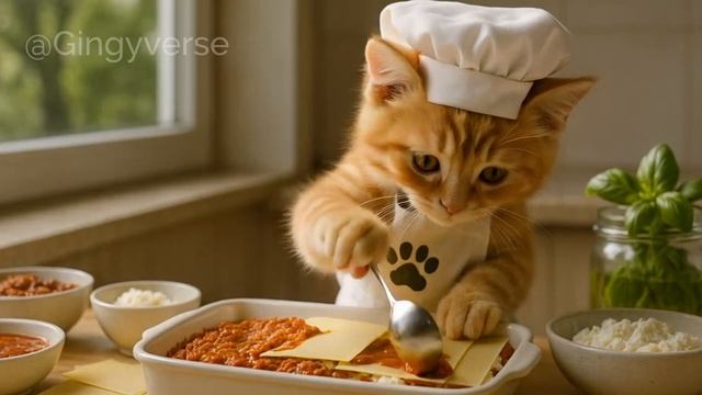 🍝 Tiny Cat Makes Lasagna for a Special Day_ A Warm Gift for Mom 💗🍝