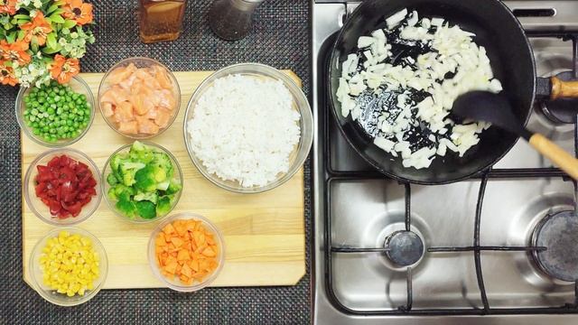 Рис с рыбой и овощами на  сковороде. Вкусно и полезно.Ric