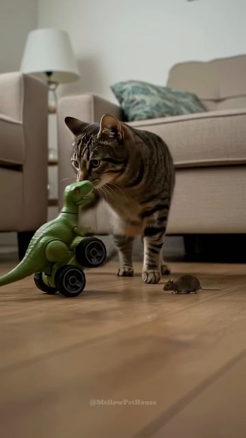 Shocking! A Cat Controlling a Robot Dinosaur!