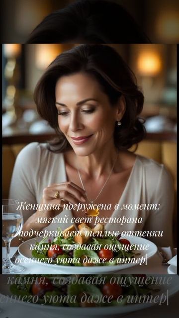 Женщина в кулоне из янтаря погружена в момент: мягкий свет ресторана подчеркивает теплые оттенки кам