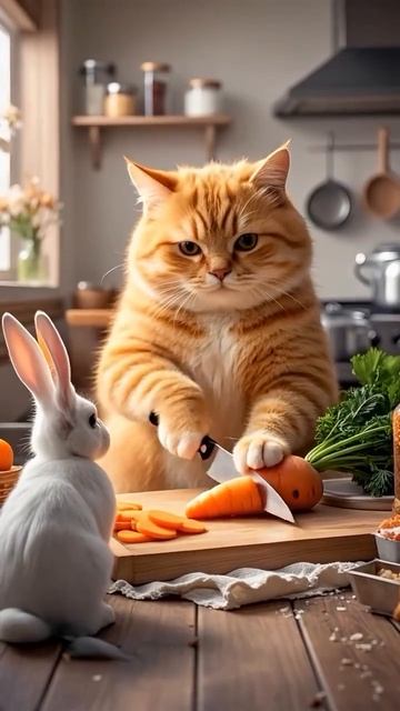 Котёнок спас зайчика от холода зимой. 😻🐇