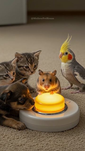 Hamster, Puppy, Kittens & Parrot – Totally Obsessed with a Glowing Button!