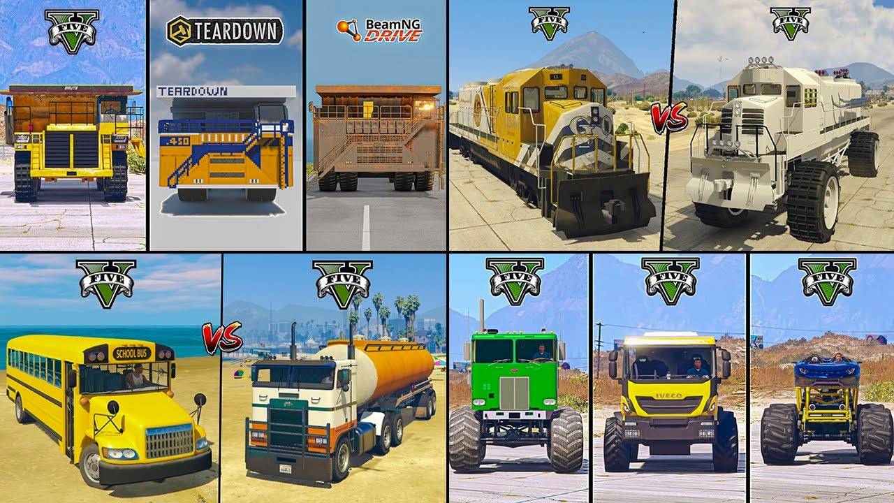 КАРЬЕРНЫЙ САМОСВАЛ ПРОТИВ МОНСТРА, ПОЕЗД ПРОТИВ ШКОЛЬНОГО АВТОБУСА В GTA 5, РАЗБОРКА ПРОТИВ BEAMNG -