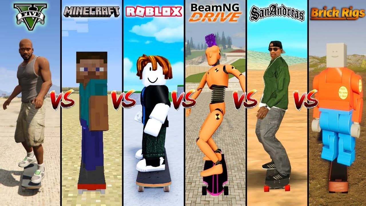 GTA 5 Скейтборд против Minecraft, Roblox, BeamNG drive, GTA SA против Brick Rigs - ЧТО ЛУЧШЕ？