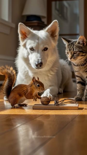 Squirrel Touches the Trap    Dog and Cat Freeze in Shock!