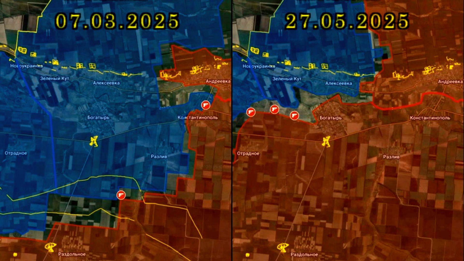 Карта боевых действий за Богатырь и Отрадное с март по май 2025 года
