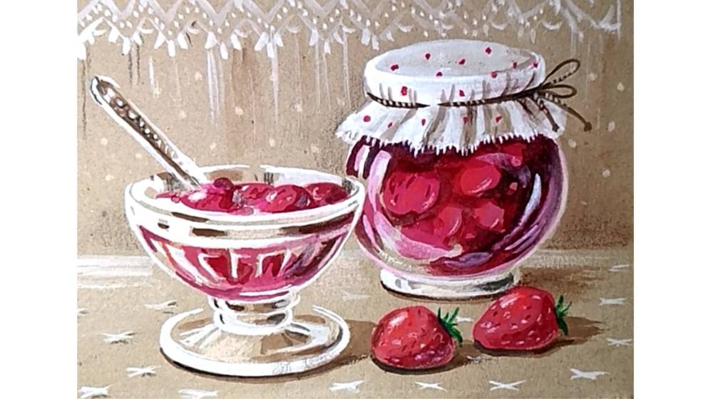 Рисуем гуашью натюрморт с клубничным вареньем.
