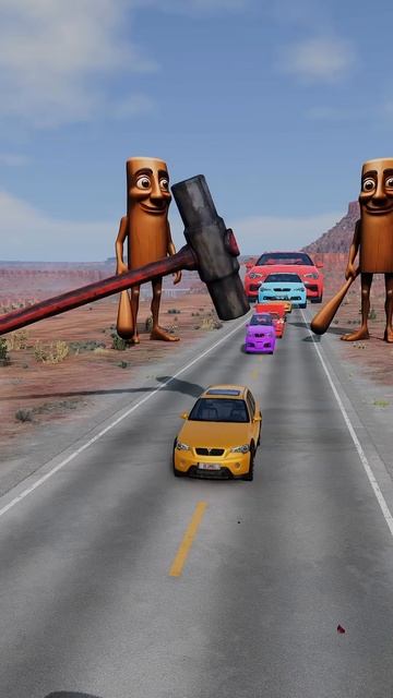2E7__Kgszz8 - Colorful Small to Giant Cars vs Massive Hammer - BeamNG.drive!
