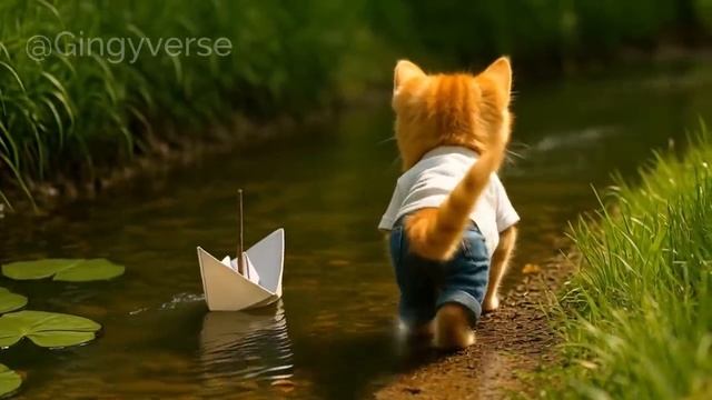 ⛵️ Tiny Cat Makes a Little Boat and Floats It Down the Stream_ Letting Go with a Smile 🐸🌊