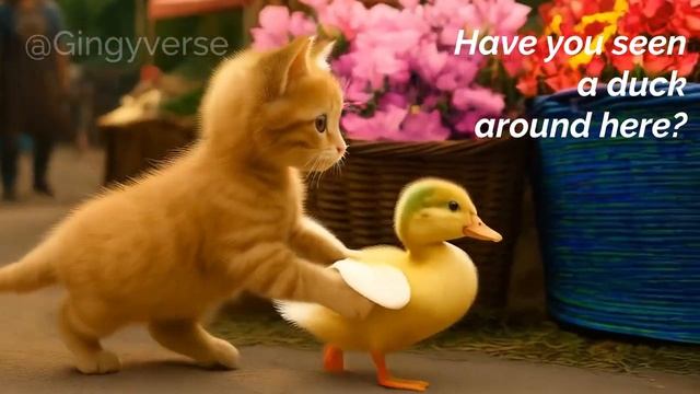 🧺 Tiny Cat’s Day at the Farmer’s Market_ This Adorable Kitten Helps a Duckling Find Its Mom 🐱🦆