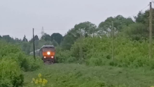 Пассажирский поезд: Москва - Рыбинск проходит автомобильный переезд в Калязине.