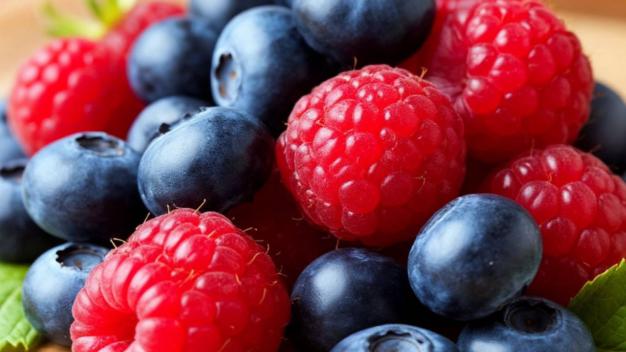 Смешайте в равных частях свежие ягоды черники и малины.