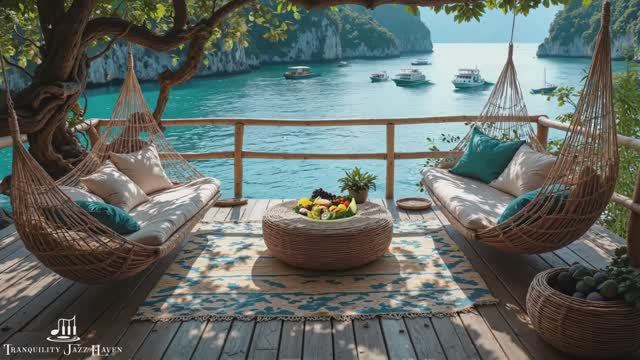 Coastal Jazz Porch _ Gentle Ocean Breeze Sound With Tranquil Jazz Music To Stress Relief & Relax