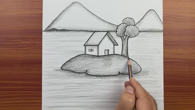 как нарисовать пейзажную картину дома карандашом