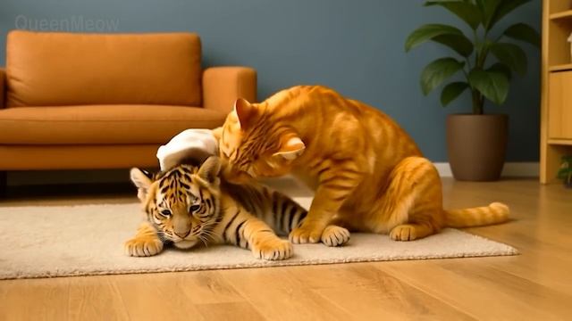 Mama Cat Trims Fur on the Farm and Makes Tiger Hat For Kittens At Home 🐾🧶🎩(4)