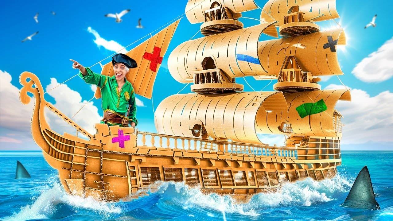 ВЛАД А4 - Я Построил ГИГАНТСКУЮ ПИРАТСКУЮ КАРТОННУЮ ЛОДКУ ! Стали ПИРАТАМИ ! А4