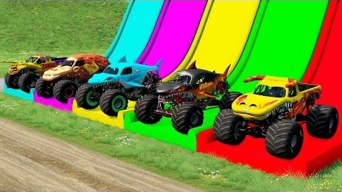 Двухместный бортовой прицеп Monster Trucks для перевозки грузовиков с цветными горками - Автомобили