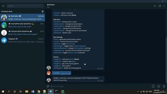 003. Создать бота через BotFather.