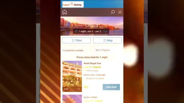 How to search Chania hotels in Greece on Hotel reservations app.
