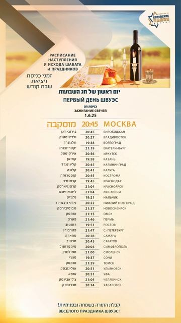 Расписание первого дня Шавуота в Москве и ещё 29 городах России.