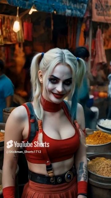 Harley Quinn sells cereals at indian market