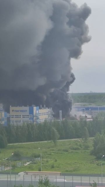 Густой столб дыма с огнём поднимается в небо в посёлке Янино в Ленобласти.