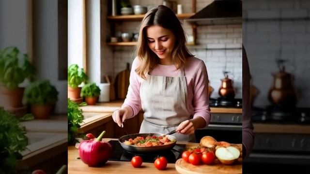 девушка готовит на кухне