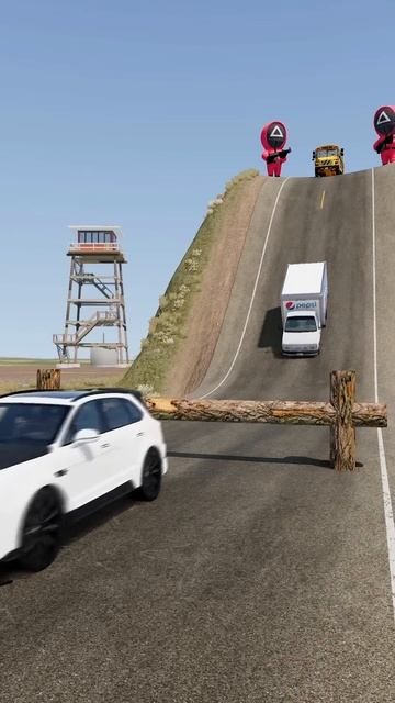 cvjS61Y35SI - Cars & School Bus vs Log Trap - BeamNG.drive!