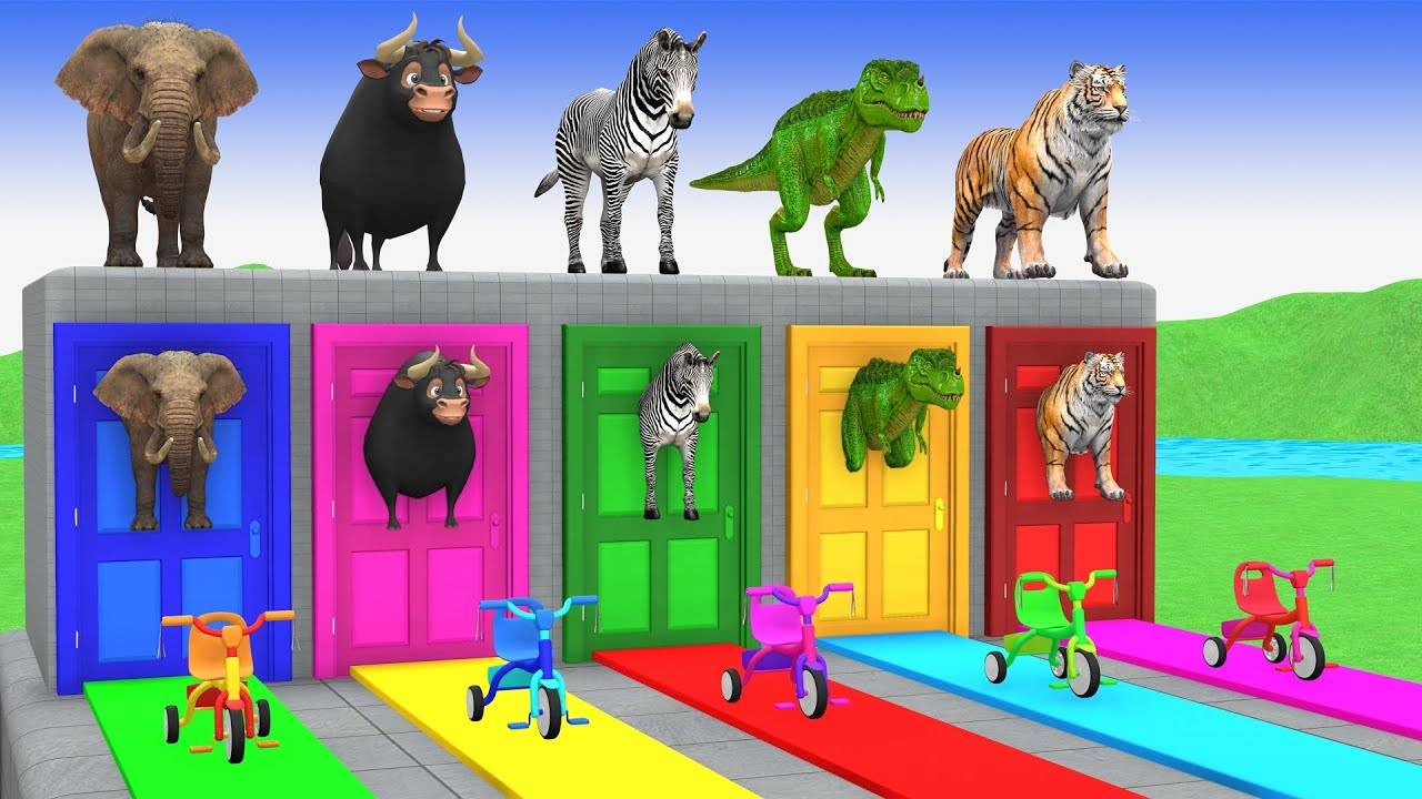 Длинная горка с коровой, слоном, гориллой, бегемотом и тигром – забавная 3D-игра с животными