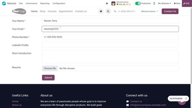 Подача заявки на работу через веб-приложение Odoo 17