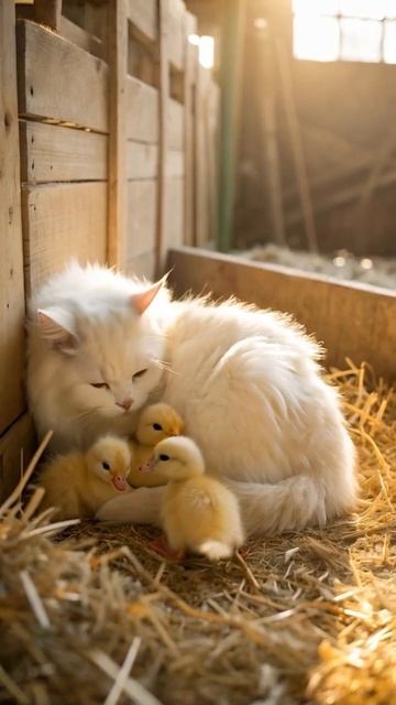 Persian Cat Sleeping with 4 Ducklings Who Think She's Their Mom