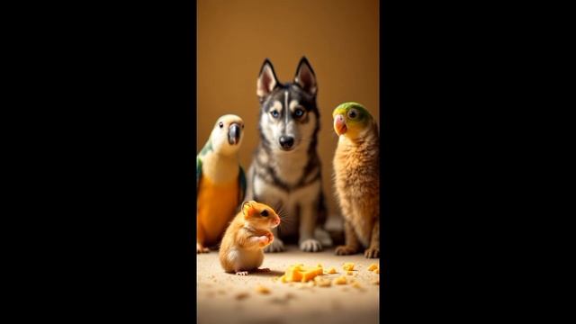 милый хомячок ест а его друзья стоят и смотрят на него 👀🐶😺🧀