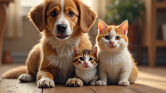 Собака и коты позируют на камеру