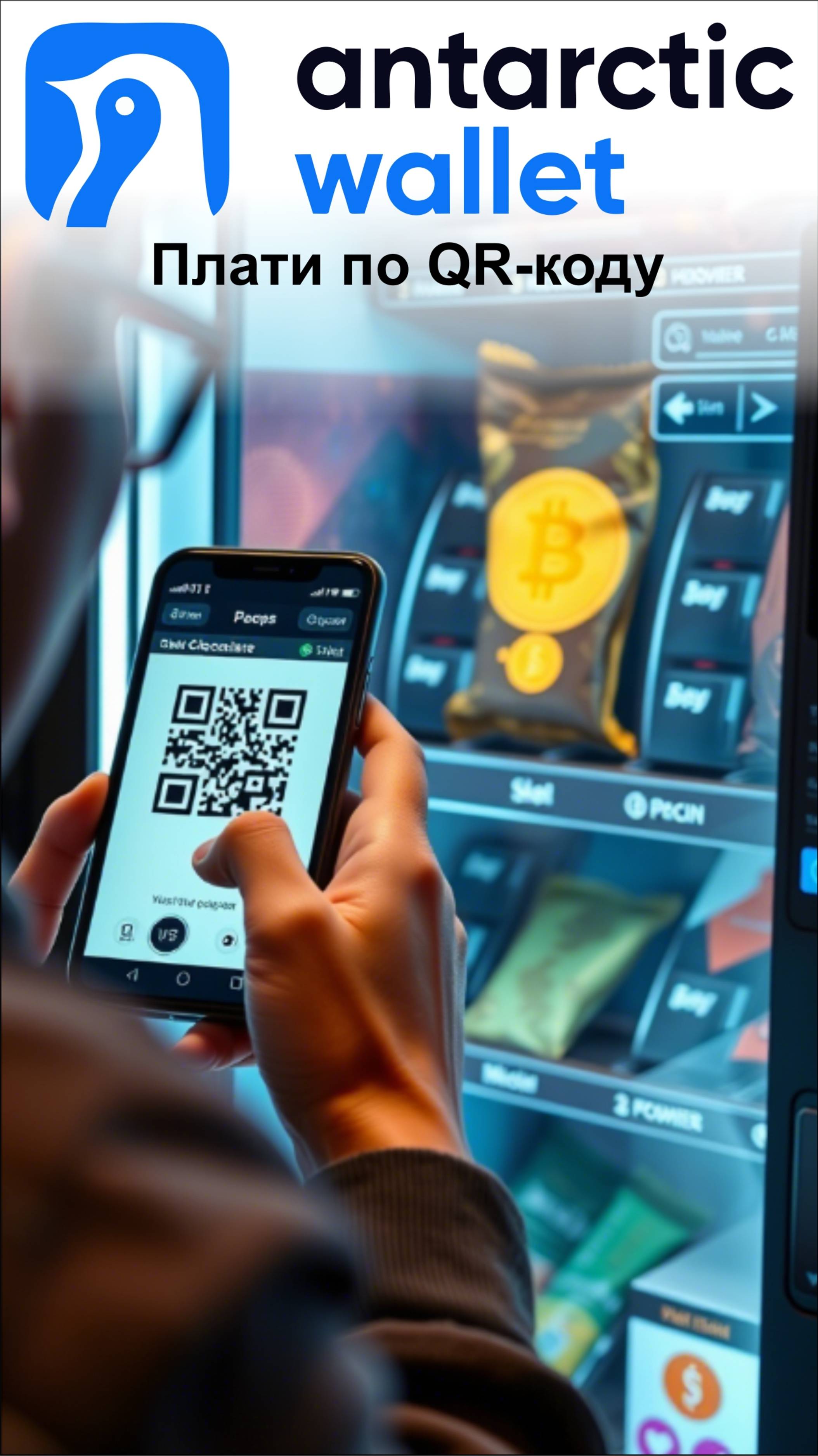 Батончик оплачиваем не картой а криптокошельком ANTARCTIC WALLET по QR-коду. Пробуем в магазине
