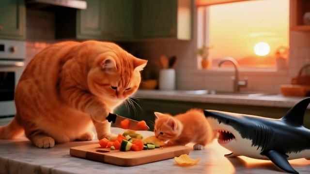 Кошка и котёнок спасают акулу.