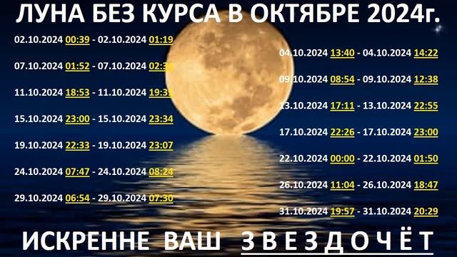 ЛУНА  БЕЗ КУРСА  В  ОКТЯБРЕ  2024г.  ПОДСКАЗКИ  ЗВЕЗДОЧЁТА
