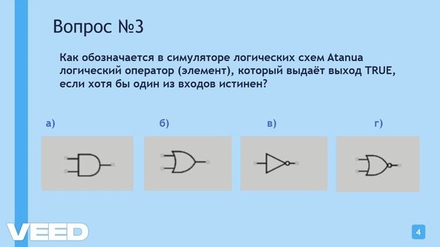 Примеры тестовых вопросов на знание логических функций в логическом симуляторе Atanua