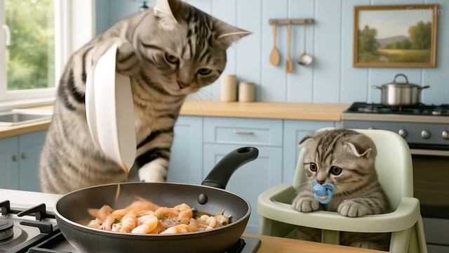Mama Cat the Sea Finds Big Shrimp, Brings Them Home & Cooks Shrimp Feast for Her Kittens 🐾🍤❤️#cat