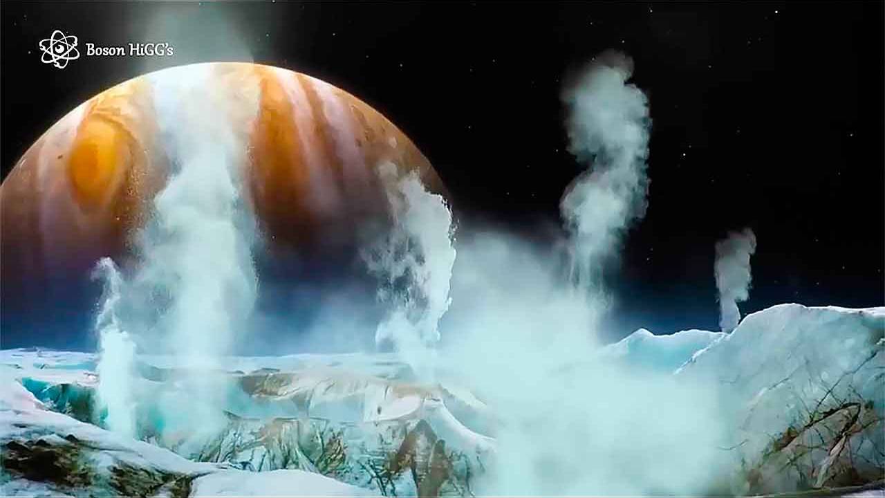 Фонтаны жидкой воды, бьющие из ледяных разломов на спутнике Юпитера Европе