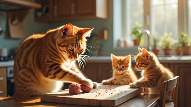 Mama Cat Cooks Meatballs for Her Babies 😻🔥