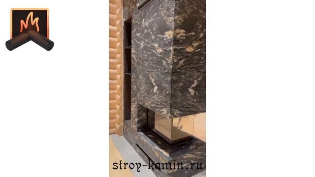 Шикарная инсталляция в деревянном доме - трехсторонняя топка АСТОВ П3С 53(84)57 в облицовке плиткой