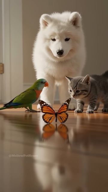 Dancing Butterfly! How Will the Dog, Cat, and Parrot React？!