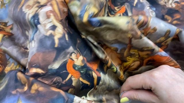 Хлопок коричнево- голубого цвета с принтом  фрески Микеланджело 14302
